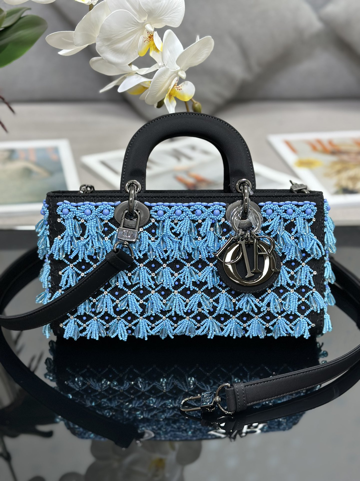 Medium Lady D-Joy Bag Black Satin Embroidered with Blue Beads